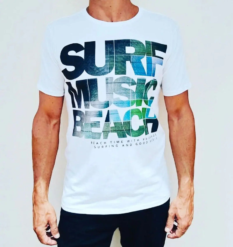 Camiseta Masculina Surf Music Beach Branca - Confeccionada em Algodão Egípcio